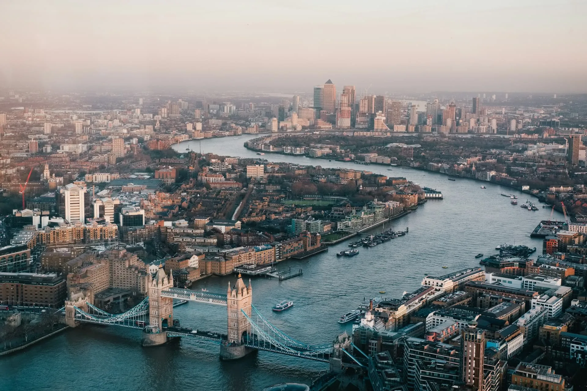 Aerial view of the River Thames and Tower Bridge in London