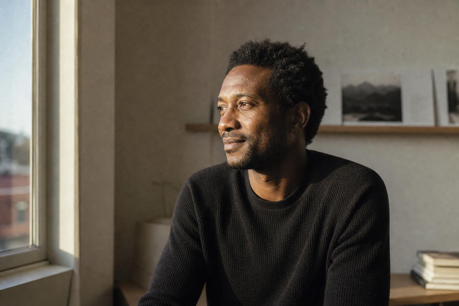 An entrepreneur sitting in a calm, light-filled office — a quiet moment of reflection.