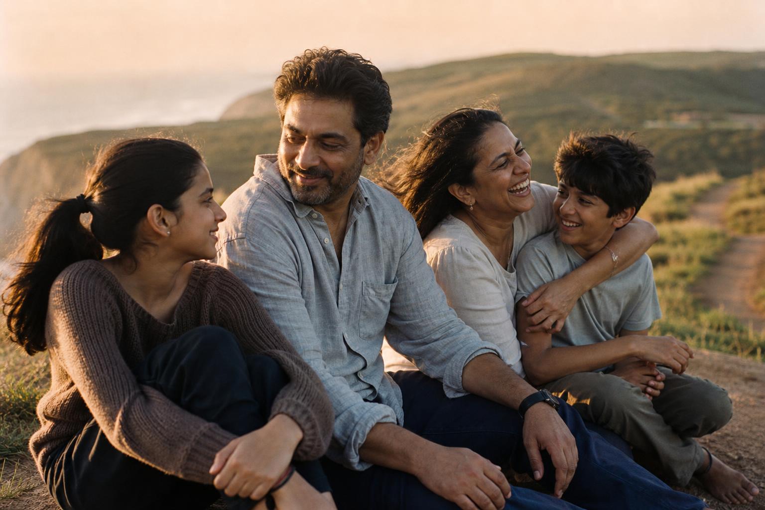 A family walking together along a sunlit tree-lined path.