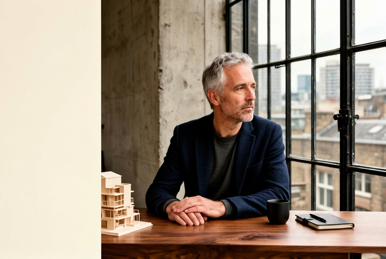 A British entrepreneur in a contemporary, light-filled office — a quiet moment of focus and intent.